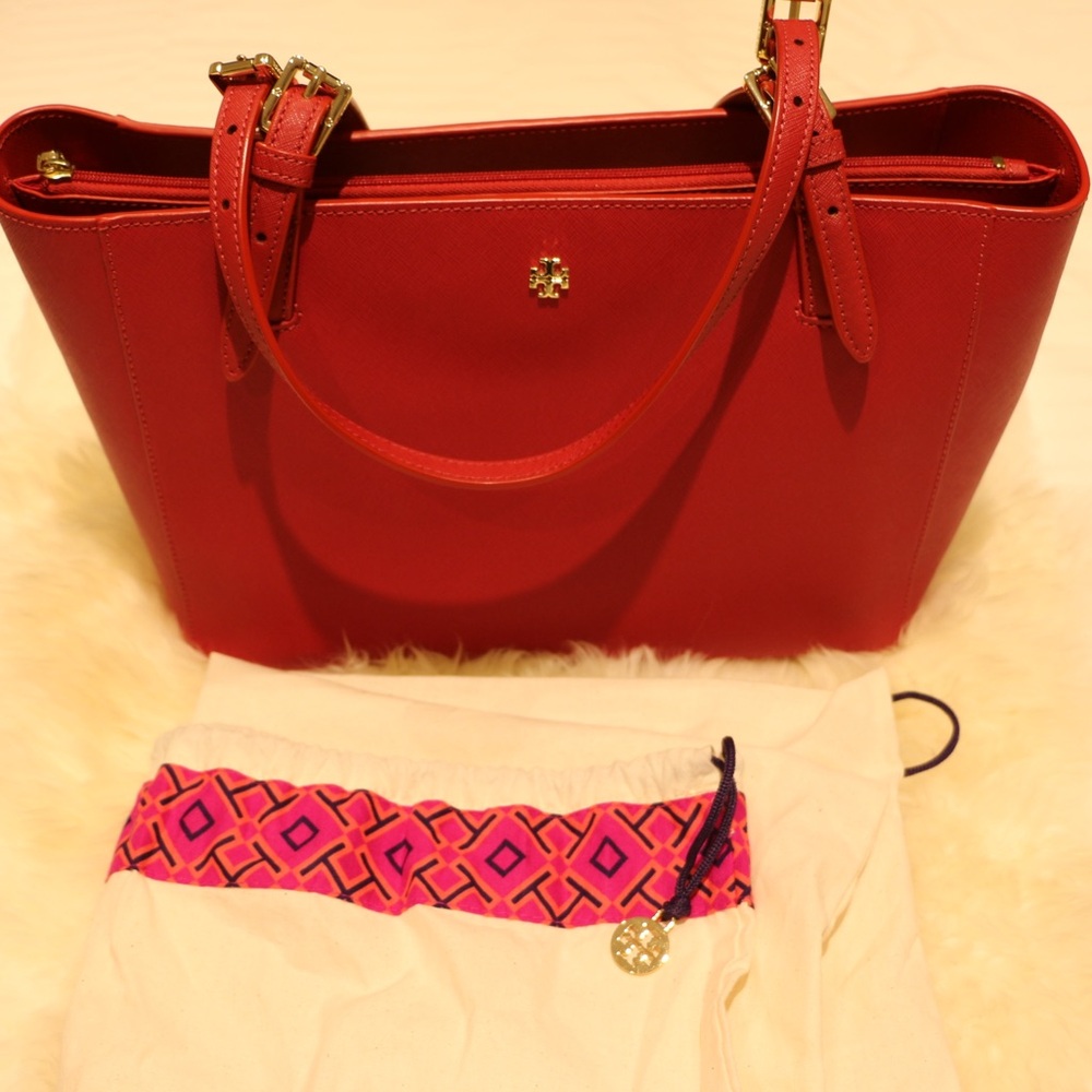 Tory Burch Leather Saffiano Red York Buckle Tote